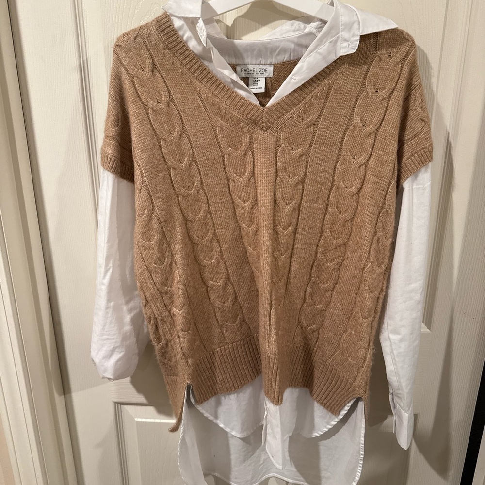 Rachel Zoe Camel Cable-Knit V-Neck Sweater